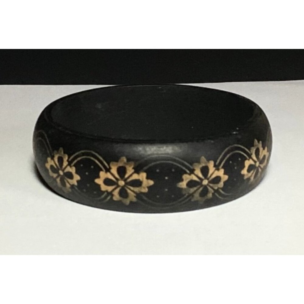 Hard Rubber Bangle Bracelet in Matte Black with Metallic Gold Floral Designs - Picture 2 of 7